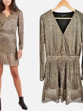 Banana Republic Black Metallic Plissé Wrap Dress